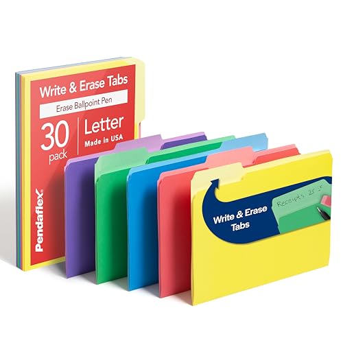 Pendaflex 84370 File Folders with Erasable Tabs, 1/3 Cut Top Tab, Letter, Assorted (Pack of 30)