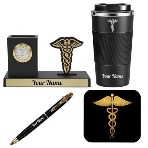 Image of Giftana 2 in 1 Personalized Desk Table Organizer with Pen Gift Set for Doctors, Customized Pen Stand Table Clock & Calendar, Customised New Year Corporate Gift Set for Employee (4 in 1Doctors Symbol)