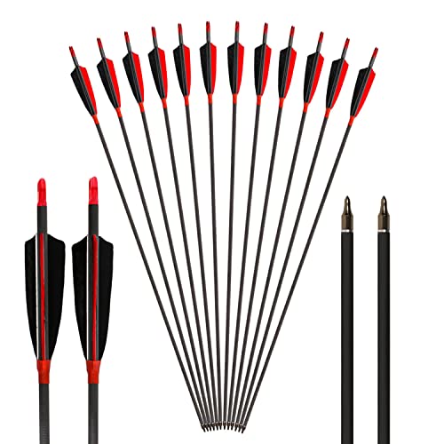 Archery Carbon Arrows 400 Spine with 4” Real Feather Fletching 100 Grain Points for Compound Recurve Longbow (12 Pack) (29 Inch Arrows)