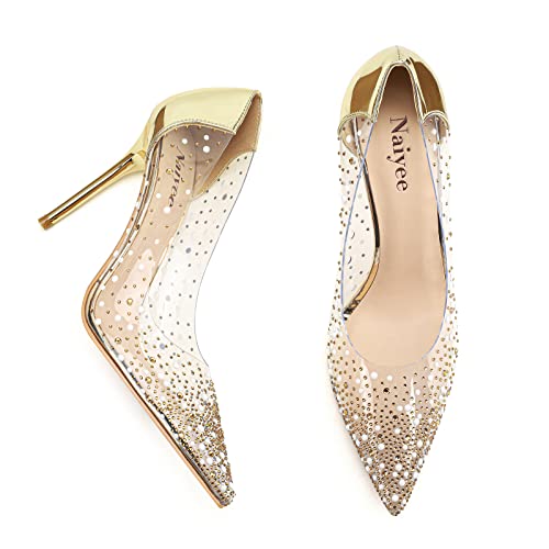 Naiyee Women's High Stiletto Heel, Pvc Pumps Crystal Rhinestones 100Mm Clear Heels Closed Pointed Toe Slip On Pump Wedding Party Dress Shoes Gold #TOP2