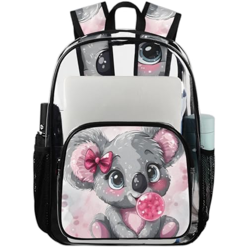 Cute Hand Painted Koala Clear Backpack Stadium Approved PVC Backpacks for Adults Heavy Duty Clear Bag for Work Security Travel College