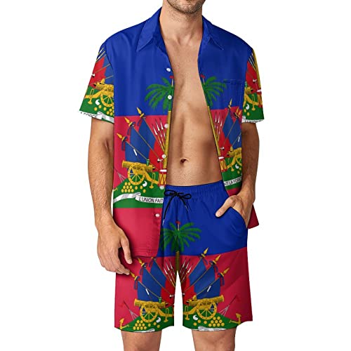 Men's Haiti Flag Button-Up Shirt Hawaiian Shirt Party Beach Suit Dry Surfing Beach Shorts with Pockets S