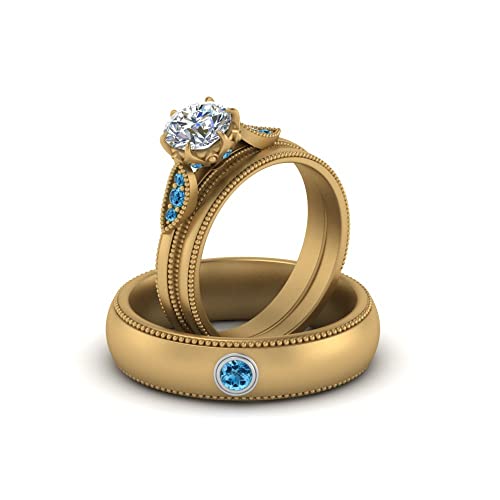 Image of Choose Your Gemstone Milgrain Matching Wedding Set for Couples Yellow Gold Plated Round Shape Wedding Ring Sets Matching Jewelry Wedding Jewelry Easy to Wear Gifts US Size 4 to 12
