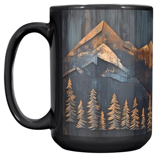 Taza de cerámica negra 15 oz diseño montaña y bosque miniatura 1