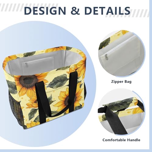 JUNZAN Yellow Sunflowers in Beige Utility Tote Foldable Beach Tote Bag With Compartments Reusable Shopping Bags with Handles Travel Laundry Bag3