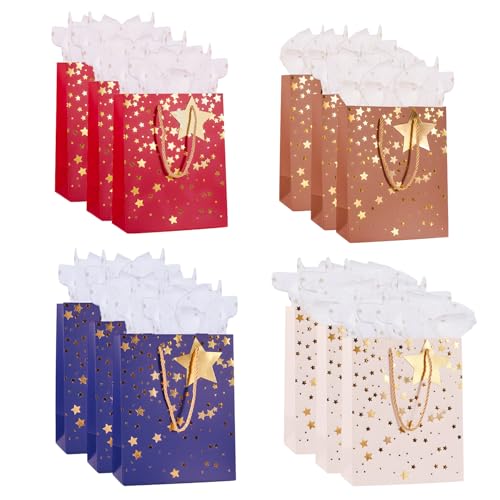 Medium Gift Bags for Present 12 Pack 9 Paper Bag with Handles Tissue Paper Gift Tags for Men Women Birthday Wedding Party Christmas Fathers Day and Any Occation (Multi)