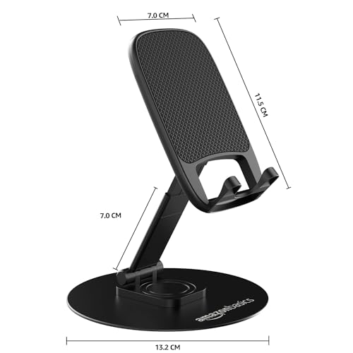 Image of amazon basics Rotatable and Foldable Tabletop Mobile Stand with Stable Metalic Round Base, Multiple adjustments of Height and Angle Phone Stand, for Smartphones
