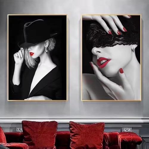 Toile art mural pour grand mur vide : tableau lèvres rouges 70x90cm encadré