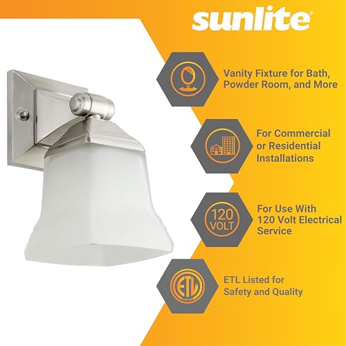Image of Sunlite 46061 5 inch Modern Square Bell Vanity Wall Mount Light Fixture, Medium Base (E26) Socket, Standard A19 Bulb Required (100W Max), Frosted Glass Shade, ETL Listed, 1 Light Brushed Nickel Finish