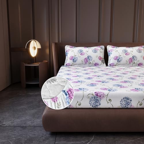 Image of Divine Casa King Size Fitted Bedsheet with 2 Pillow Covers (200 x 180 CM) | 100% Cotton King Size Bed Sheet | Elastic Bedsheet King Size with All Around Grip | Mattress Sheet 200x180