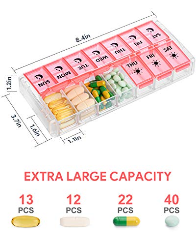 Image of Weekly Pill Organizer 7 Day 2 Times a Day Extra Large, Quick Fill 2022 Fullicon AM PM XL Daily Pill Cases Pill Box with Detachable Base - Pink (Patent Registered) (Pack of 2)