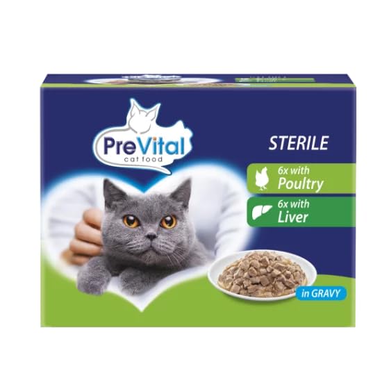 PreVital Comida para gatos esterilizados, 12 bolsitas de salsa, 6 aves de corral y 6 x hígado