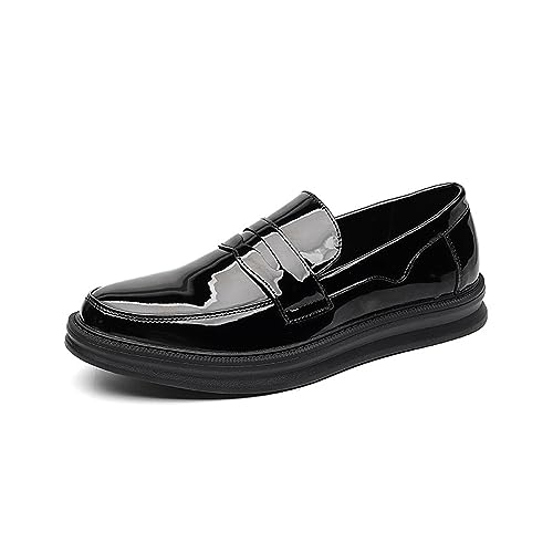 Men's Patent Leather Platform Slip-on Penny Loafers,Fashion Low Top Comfortable Soft Sole Non-Slip Business Formal Shoes Wedding Party Driving Shoes