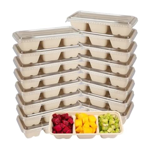 JAYEEY 16oz disposable 3 compartments Sugarcane Fibers bowls with lid take away food containers Meal Prep Bowls 25 Pack Cover