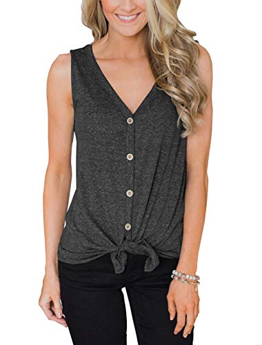 PRETTODAY Women s Sleeveless Summer Tank Tops Tie Front Button Down Shirts (Large, Charcoal)