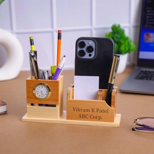 Image of Deskart Customized Multipurpose Pen Holder Stand | Premium Wooden Desk Organizer with Clock, Business Visiting Card and Mobile Holder