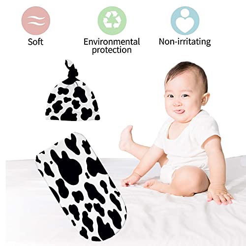 Image of Cow Print Newborn Swaddle Blanket with Hat Sets Newborn Receiving Blanket for Boy Girl Swaddle Sack Shower Infant Gift