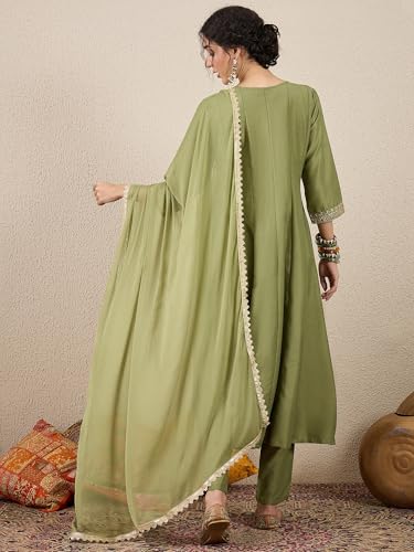 Image of VredeVogel Women's Silk Blend Embroidered Anarkali Kurta with Pant & Dupatta Set | Festive & Casual Women Ethnic Kurta Set for Women