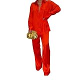 Yameay Womens Satin Wide Leg Loungewear Set Long Sleeve Lapel Button Down Tops Palazzo Long Pants Pjs 2 Piece Set Red XXL