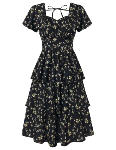 Vintage Yellow Floral Cocktail Party Dress Square Neck Short Sleeve Tiered Layered Swing Black Baby Shower Dress XL