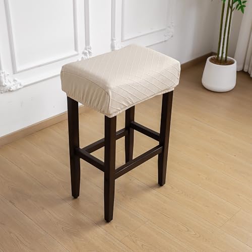 Image of Waterproof Rectangle Bar Stool Covers Set of 4 Stretch Beige Diamond Jacquard Backless Barstool Chair Covers Washable