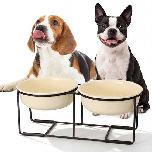Ciotole per cani in ceramica rialzate - Set di ciotole doppie con supporto in ferro antiscivolo - Ideale per cani di taglia piccola e media - 2 × 720 ml - Beige - Altezza: 15 cm