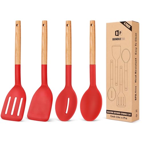 BUNDLEPRO Silicone Cooking Utensils Set, 4 Pcs Spatula and Spoon Set, Red
