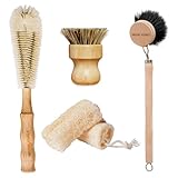5 Pieces Bamboo Dish Brush Set with Natural Loofah Sponge Eco-Friendly Scrub Brush for Dishes Wooden Dish Brush Palm Brush for Pans, Bottles, Pots, Vegetables