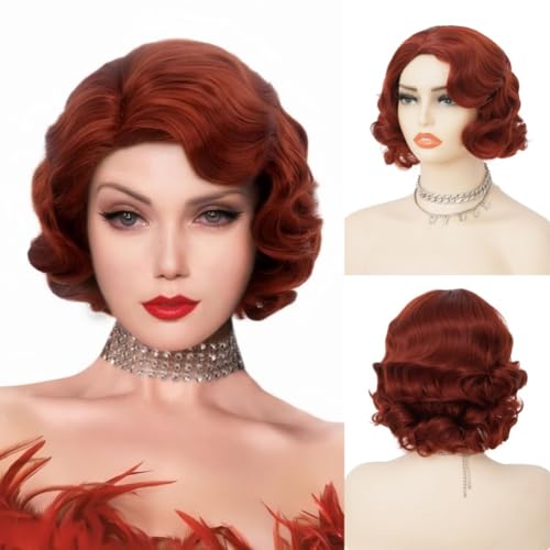 Salaibs Short Red 1920s Wigs for Women Finger Wave Natural Synthetic Hair Wig Lady Cosplay Halloween Costume Wig