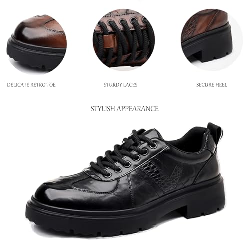 Men's Leather Platform Oxfords Comfort Handmade Round Toe Slip On Non-Slip Lug Sole Lace-Up Formal Derby Shoes Casual Business Work Office Wedding Tuxedo4