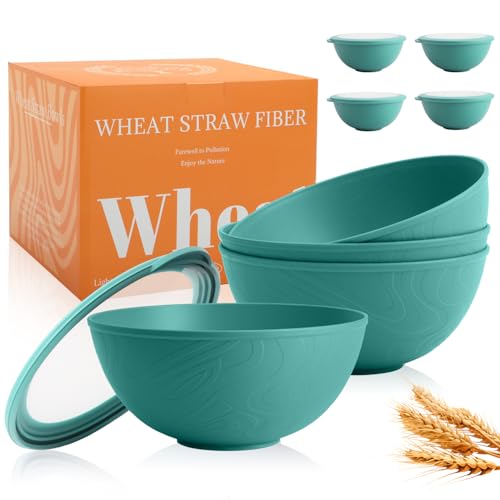 Image of 40 OZ Wheat Straw Bowls with Lids Set, 4 PCS Unbreakable Salad Bowls with Lid, Alternative Plastic Food Containers with Lids for Lunch, Microwave & Dishwasher Safe Kitchen Bowl Set, Green