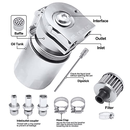 Universal Baffled Oil Catch Can 300Ml Aluminum Polish Oil Separator Catch Can Kit Reservoir Tank With Breather Filter & 3/8" Fuel Line/6 Fittings/Necessary Accessories,Silver #TOP3