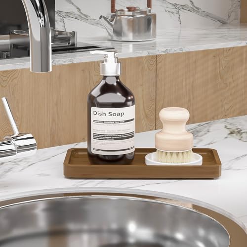 Image of Weenson Small Bathroom Vanity Tray for Countertop Makeup Perfume Jewelry Decor Candle Keys, Bamboo Kitchen Tray for Soap Dispenser Spice, Small Toilet Tray for Sink 7.9 inch L x 4 inch W x 0.79 inch H Brown