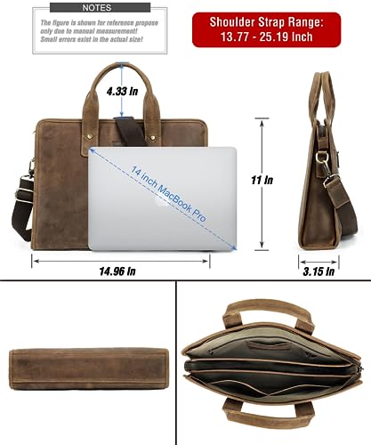 Image of Top Grain Leather 14.2 inch Laptop Slim Briefcase Crossbody Handbag, Handmade & Adjustable Strap, Fits to MacBook Pro /Air 14 inch /13.3 inch /13.6 inch 2021 2022 M1 Pro /M1 Max & A4 /A5 Paper, Coffee 14.2 Inch