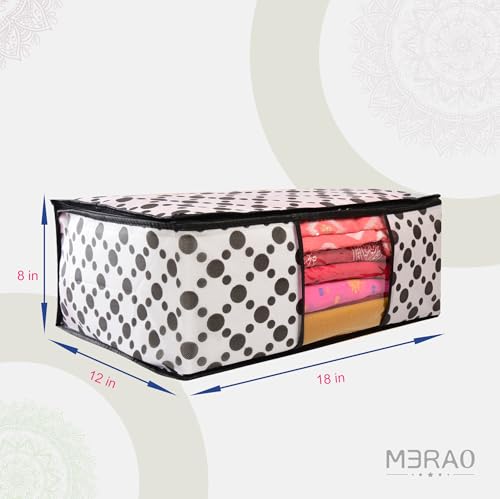 Image of Non-Woven Saree Covers with Zipper & Transparent Window | Clothes Storage Bags for Wardrobe Organization | White Dustproof Garment Storage box with Black Dot for Sarees and Clothes (Pack of 30)
