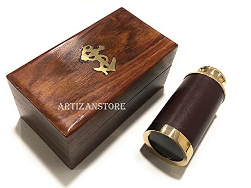Brass Handheld Telescope, Functional Vintage Replica Telescope, Pirate Navigation with Anchor Wooden Box (Brown Leather), Portable Collapsible Marine Spyglass Collectible Décor, 6”