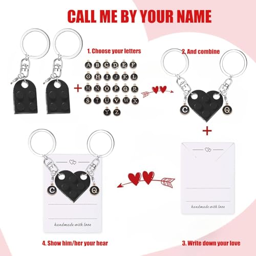 Image of Matching Keychain,Matching Gifts Set with 26 Alphabet Letters and Message Card,Personalized Keychains for Boyfriend, Valentine's Heart Brick Keychain Set - Personalized Alphabet Matchings Couple Gift