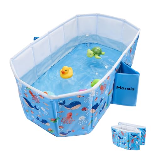 MORAIS Baby Bathtub Collapsible & Portable Foldable Toddler Bath Tub with Dual Drain Plug and Padded Bottom Travel & Shower Ready Easy to Clean Space-Saving Tub 12 Months+