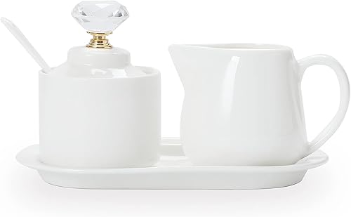 ONTUBE Azúcar y crema de porcelana con bandeja y tapa de cristal Juego de 4 (dorado)