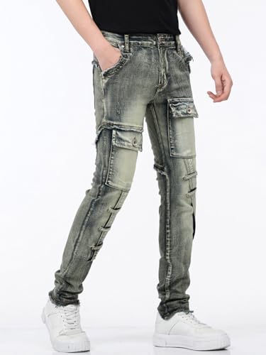 Men's Skinny Jeans Slim Fit Stretch Distressed Denim Pants Stacked Vintage Yellow Straight Jeans for Streetwear, Skateboard 6