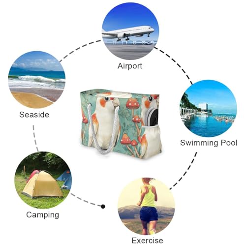 Cute Cartoon Cockatiel Mushroom Sandproof Women Tote Bags with side pocketes Bag With Zipper for Pool Gym Grocery Travel4