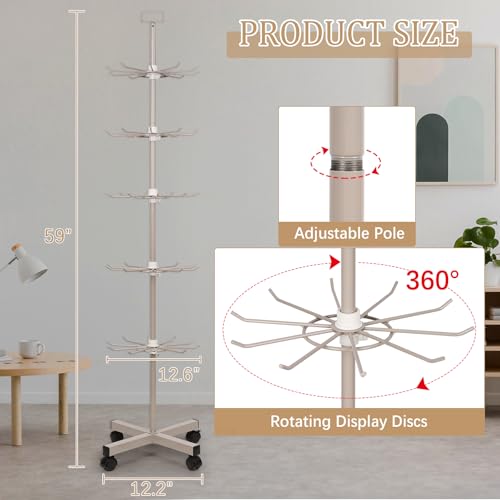 Image of Retail Display Stand Store Display Rack 5 Tier Metal Spinning Display Stand Rack with Wheels Keychain Jewelry Stocking Hat Display Stand with Hooks for Malls, Showroom, Retail Store (Grey)