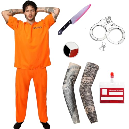 Disfraz Prisionero Naranja Hombre Trending Fancy Dress Traje Prisión Carcel Unisex Adultos Pantalones Camiseta a Juego Cosplay de Halloween