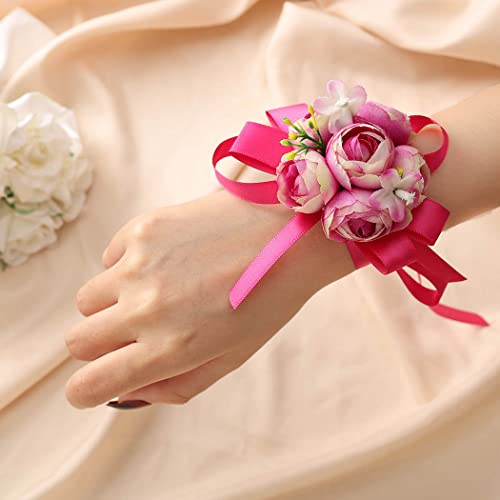 CASDRE Bride Wedding Wrist Corsage Hand Flower with Ribbon Bridal Corsage Wristlet Wedding Accessories for Women and Girls (Purple)