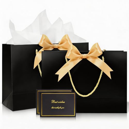Schwarze Mittlere Geschenktüten Set 2 Stück Papiertüten mit 4 Seidenpapier und 2 Grußkarten für Geburtstags Party Hochzeit Brautjungfer Souvenirs Geschenkverpackung