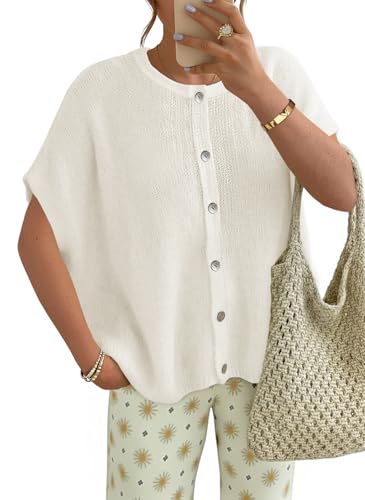 Saodimallsu Womens Oversized Cardigans Summer Short Sleeve Lightweight Knit Button Down Crew Neck Casual Sweater Tops White