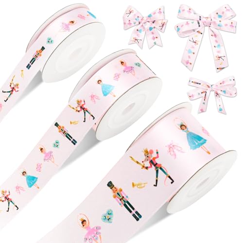 JarThenaAMCS 3 Rolls Christmas Ribbon Nutcracker Ballet Satin Ribbon Xmas Pink Fabric Craft Ribbons for Gift Wrap Holiday Party Decor 5/8 7/8 1.5 15Yards