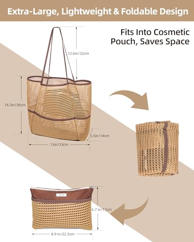 Image of Mesh Beach Tote Bag Packable,2026 New 2-in-1 Large Lightweight Foldable Beach Bags with Multiple Pockets for Women