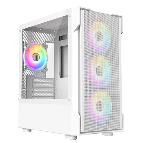 Image of CiT Tornado Gaming PC Case – Micro-ATX Computer Case - Mesh Front Intake Panel - 4 x 120mm ARGB Fans Included - AIO Support - USB 3.0, 2x USB 2.0 - HD Audio/Mic | White
