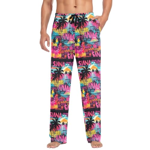 Men's Tropical Palm Trees Pajama Pants with Pockets - Straight Fit Cotton Sleep Bottoms for Lounge & Nightwear#982